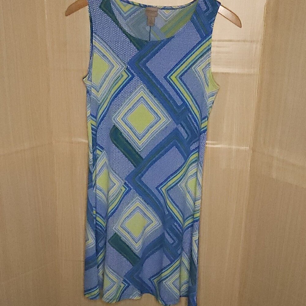 Chico's Easywear Blue Green Sleeveless Stretchy Geometric Dress Medium